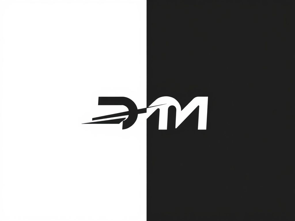 Minimalist geometric logo design: stylized 'DM' with motion lines, monochrome, clean vector style, high-end commercial photography style, 8k.